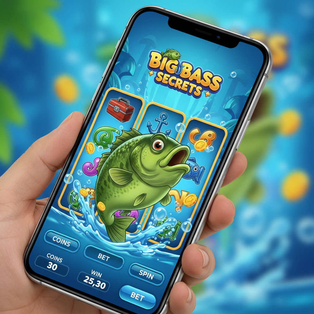 Big Bass Secrets screenshot - bębny z symbolami ryb i rybak zbierający pieniądze